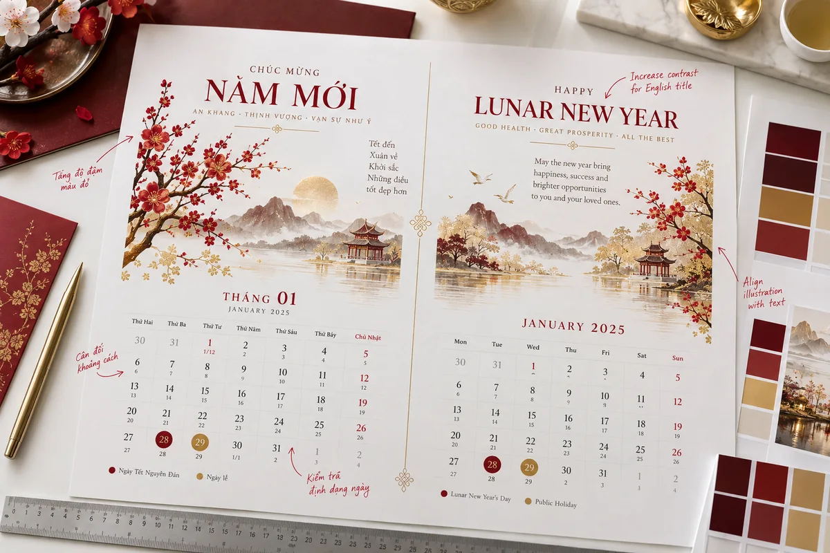 Bản proof lịch Tết song ngữ Việt Anh đang được rà soát