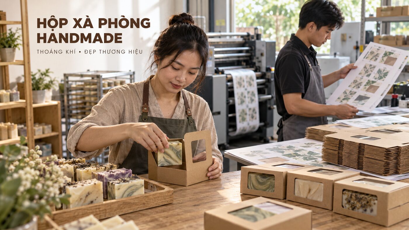 Hộp giấy cho xà phòng handmade: Thoáng khí và đẹp thương hiệu 1 Thợ làm xà phòng đặt bánh xà phòng vào hộp giấy kraft có cửa sổ tại xưởng in