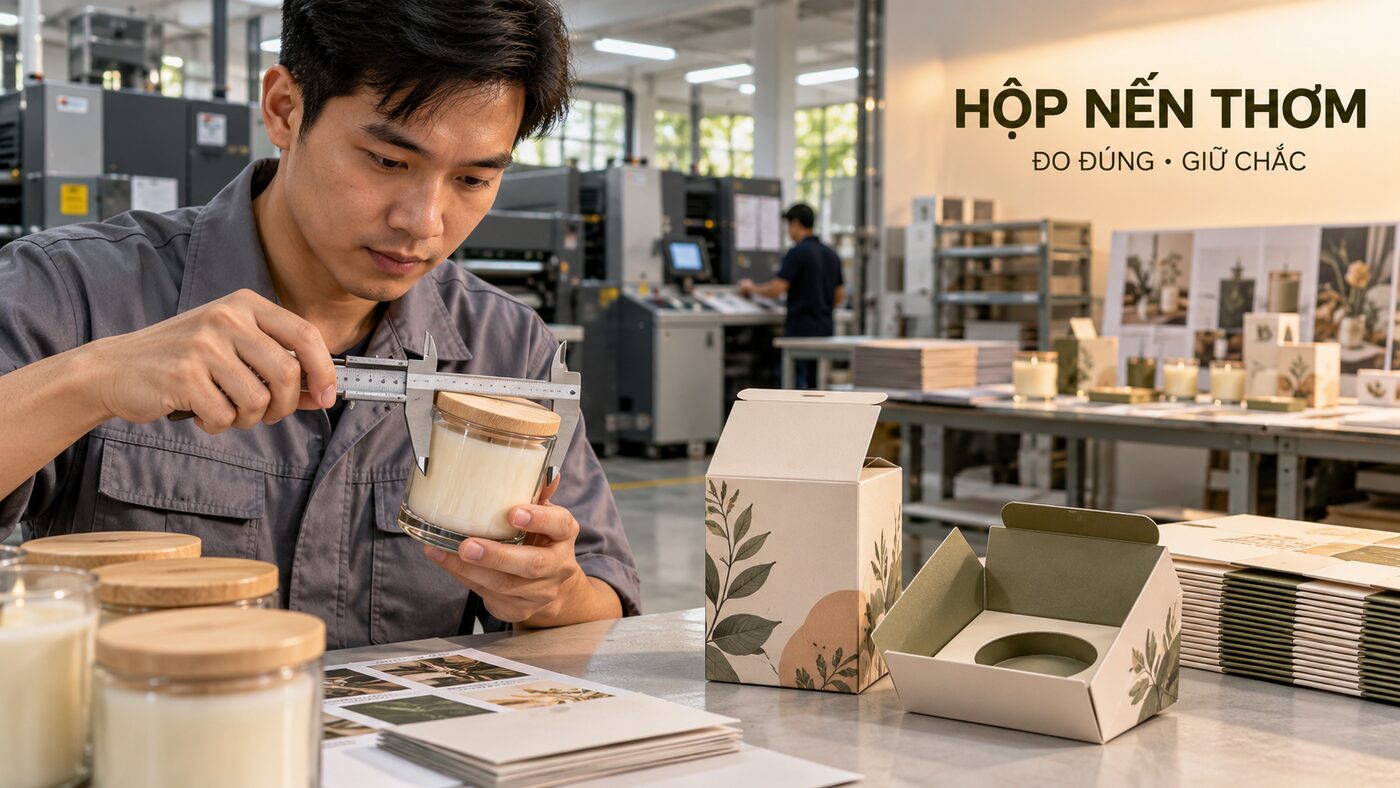 Kỹ thuật viên đo hũ nến và kiểm tra hộp giấy đựng nến thơm trong xưởng in