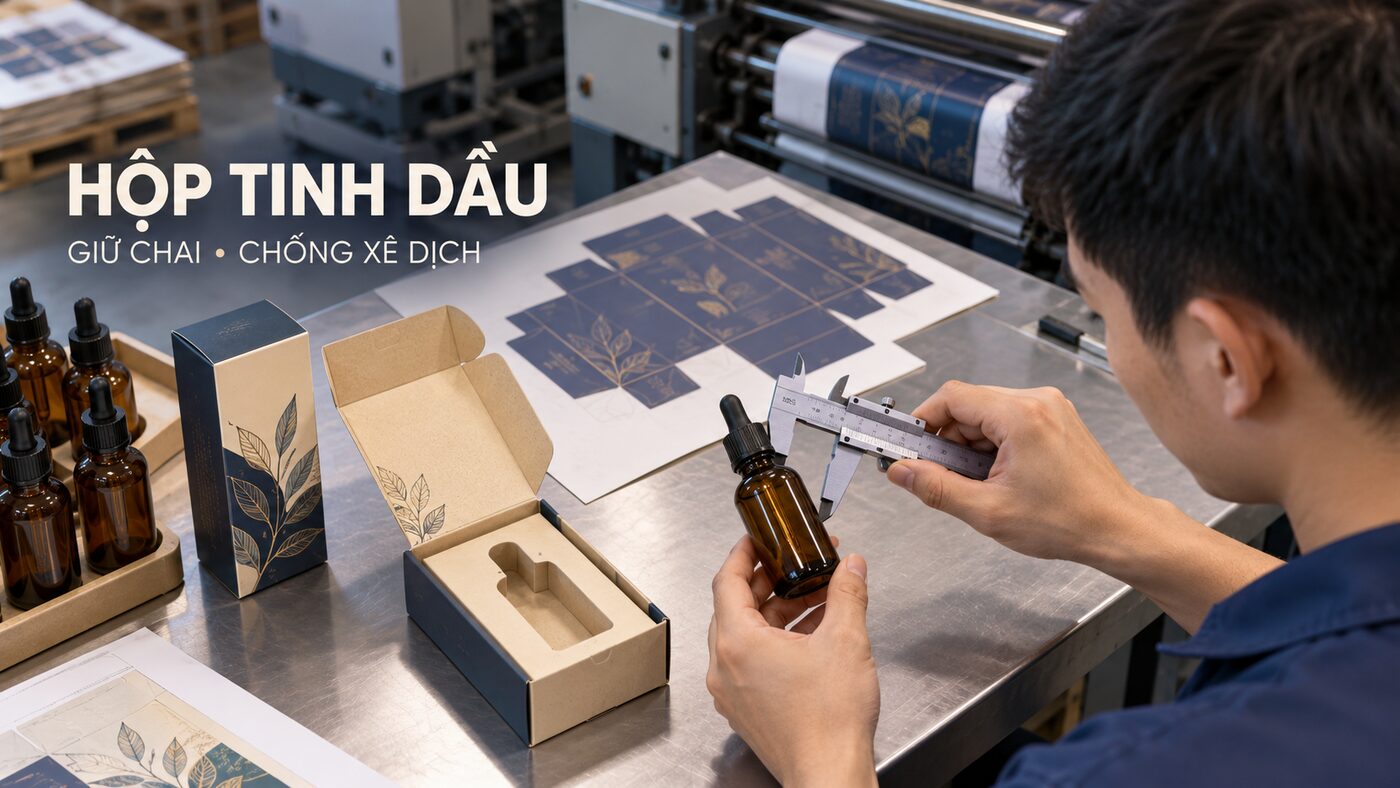 Kỹ thuật viên đo chai nhỏ giọt và khay của hộp giấy đựng tinh dầu trong xưởng in