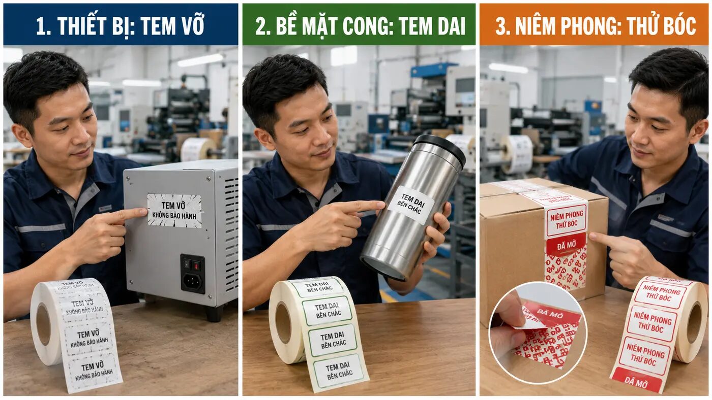 Minh họa chọn tem vỡ cho thiết bị tem dai cho bề mặt cong và tem niêm phong