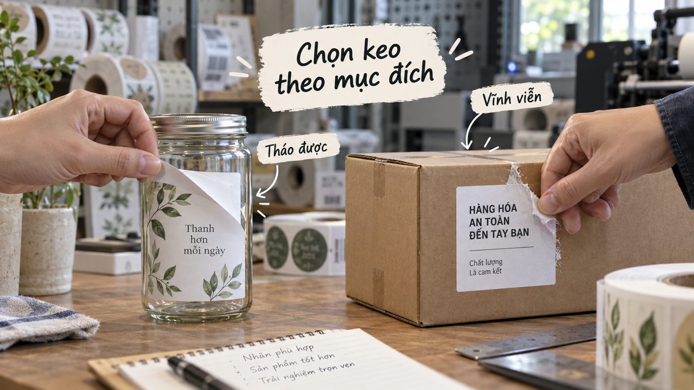 So sánh keo dán tháo được và keo vĩnh viễn trên lọ thủy tinh và hộp giấy