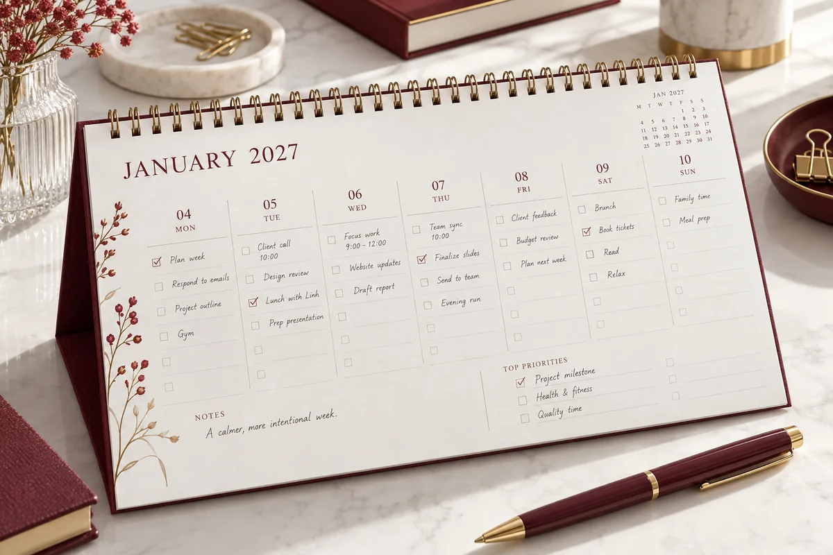 Lịch để bàn planner với layout tuần và danh sách to-do