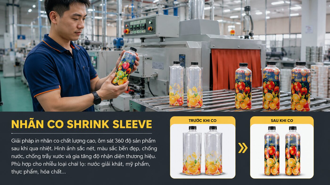 Nhãn co màng shrink sleeve: Khi nào nên dùng cho chai? 1 Kỹ thuật viên kiểm tra nhãn co màng shrink sleeve trên chai