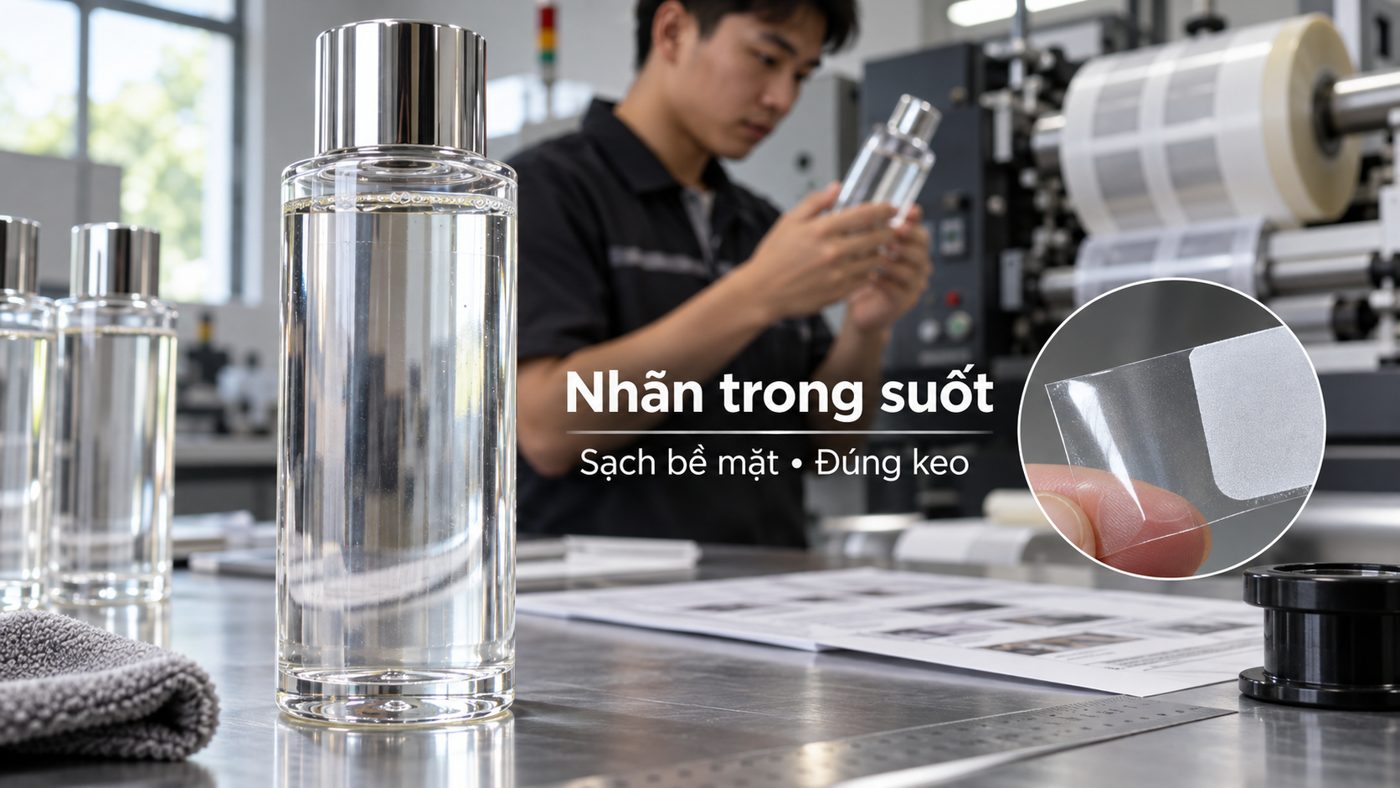 Nhãn trong suốt no-label look: Cách tránh bọt khí và lộ viền 1 Kỹ thuật viên kiểm tra nhãn trong suốt no-label look trên chai mỹ phẩm