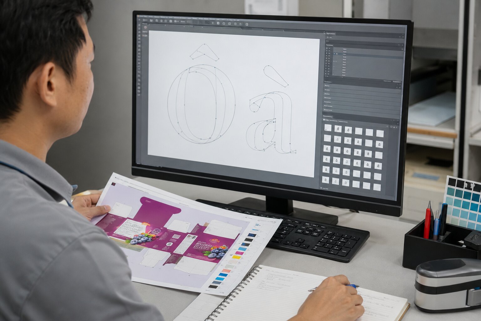Kỹ thuật viên tiền kỳ kiểm tra font và nội dung trước khi convert chữ sang outline