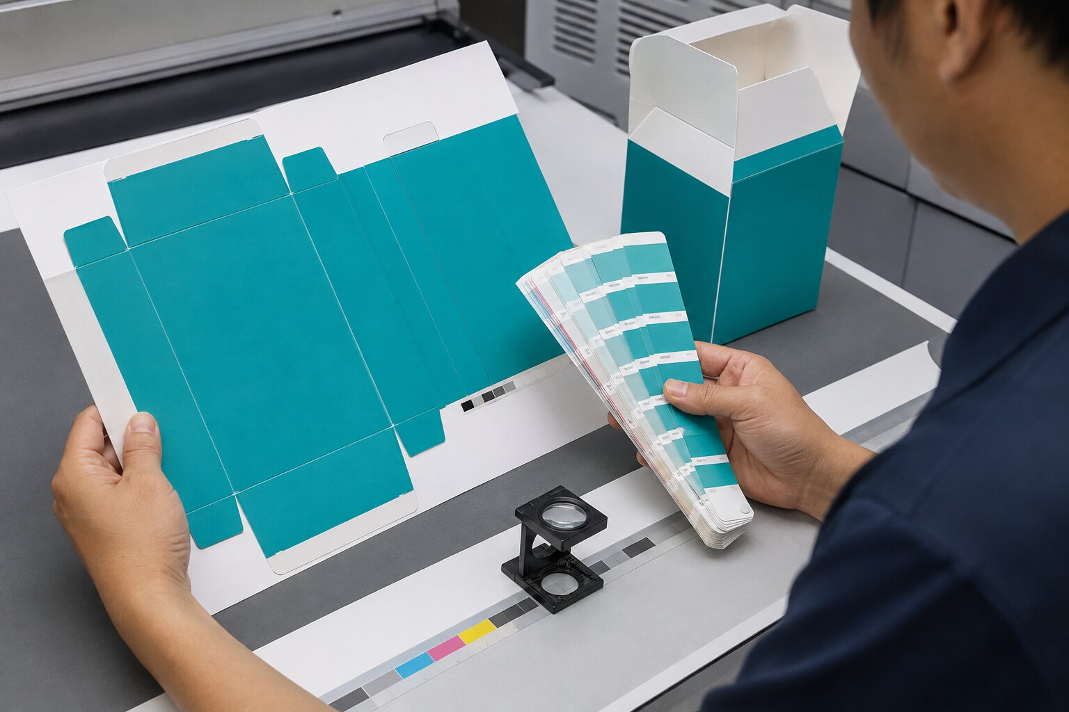 Pantone hay CMYK? Cách giữ màu thương hiệu ổn định trên bao bì 1 Kỹ thuật viên so mẫu màu bao bì với bảng màu và bản proof