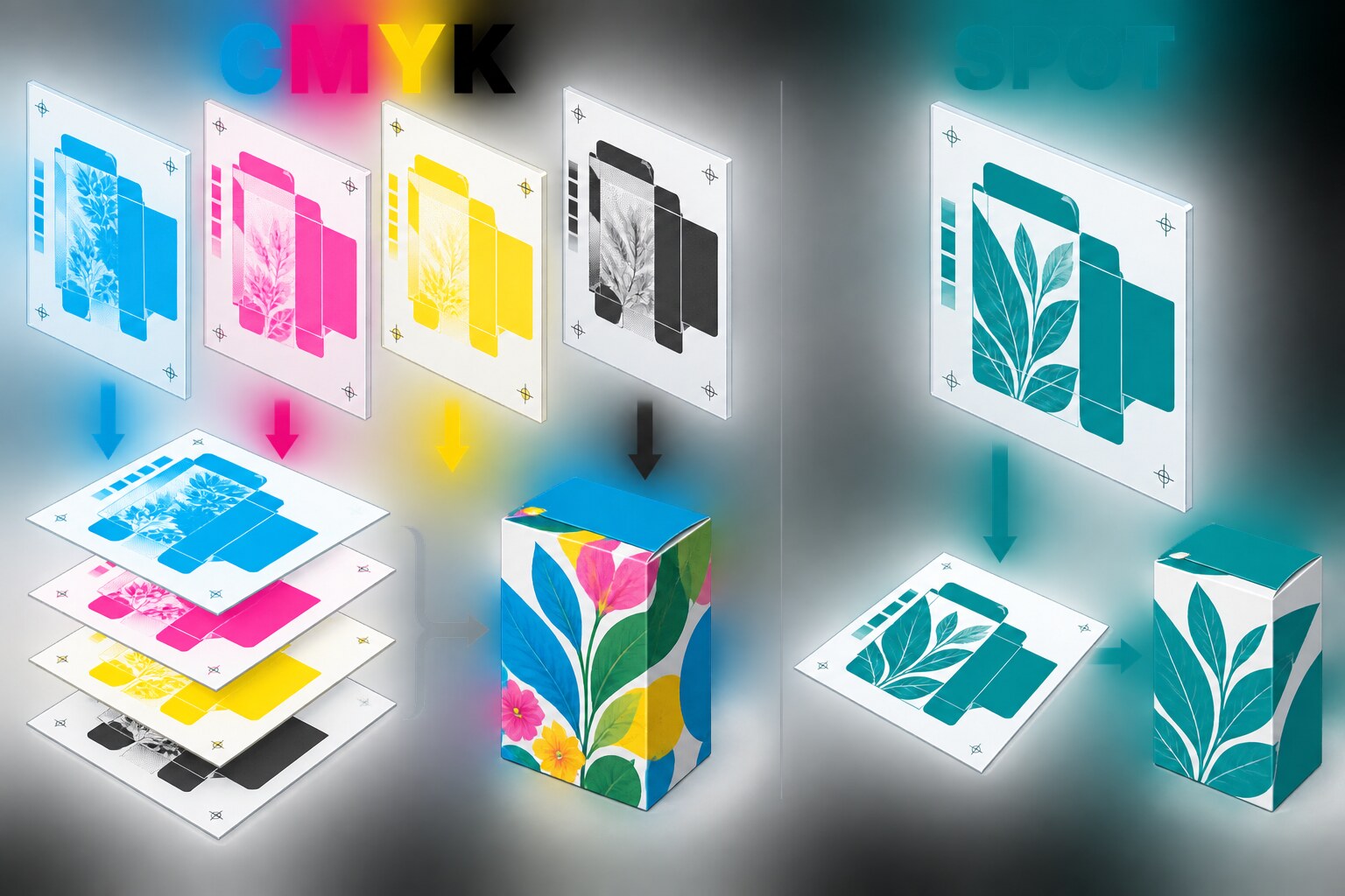 Pantone hay CMYK? Cách giữ màu thương hiệu ổn định trên bao bì 2 Minh họa bốn bản màu CMYK và một bản màu spot riêng