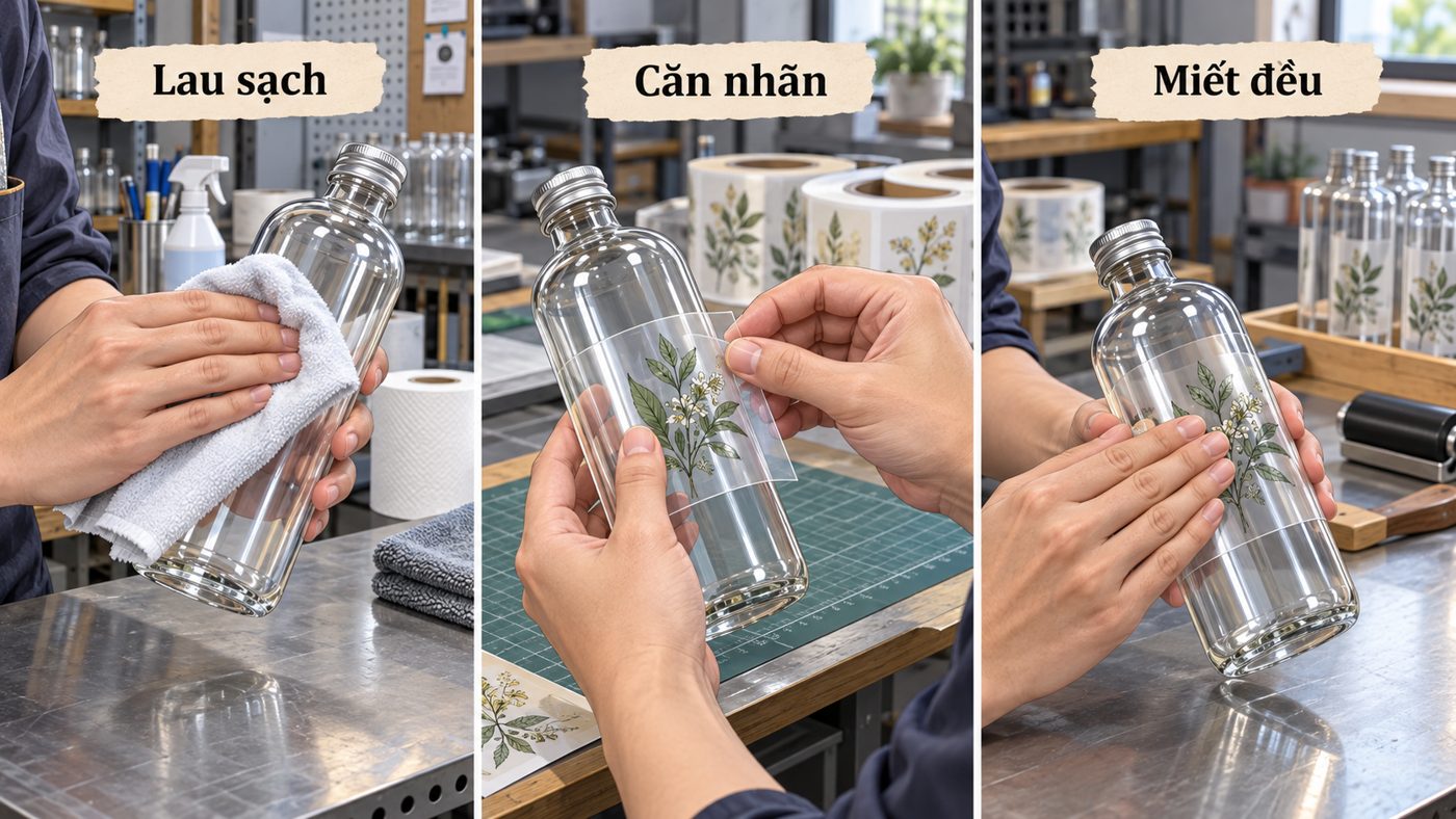 Nhãn trong suốt no-label look: Cách tránh bọt khí và lộ viền 3 Ba bước lau chai, căn nhãn và miết đều khi dán tem trong