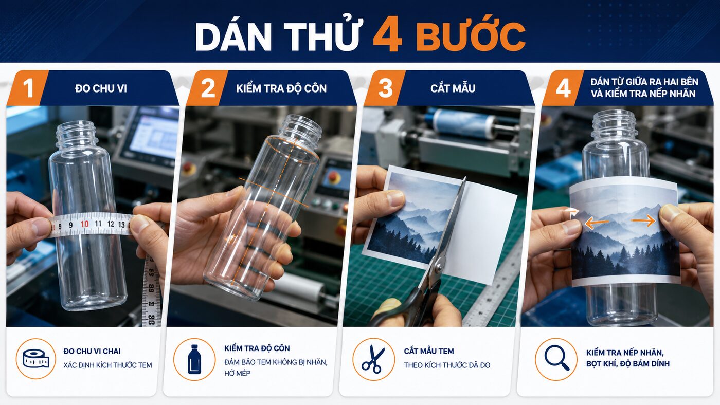 Quy trình bốn bước dán thử tem chai tròn
