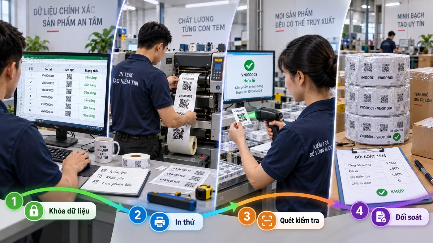 Quy trình khóa dữ liệu, in thử, quét kiểm tra và đối soát tem seri