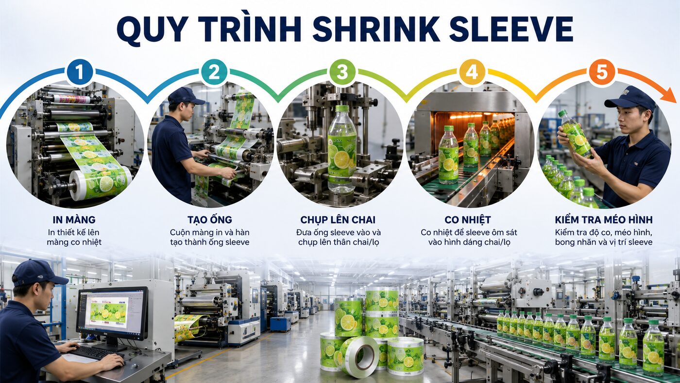 Nhãn co màng shrink sleeve: Khi nào nên dùng cho chai? 3 Quy trình in tạo ống và co màng shrink sleeve
