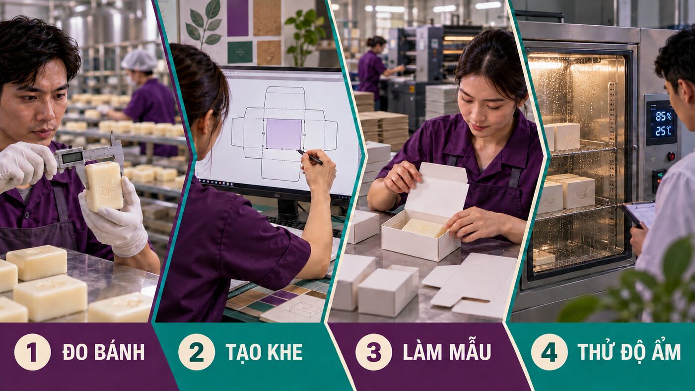 Hộp giấy cho xà phòng handmade: Thoáng khí và đẹp thương hiệu 3 Minh họa bốn bước đo bánh chừa khe làm mẫu và thử độ ẩm cho hộp xà phòng