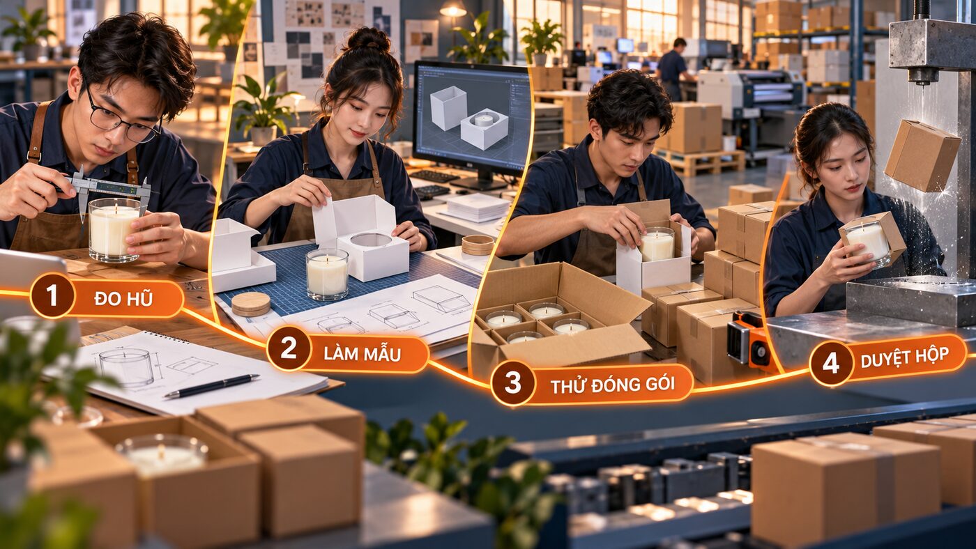 Minh họa bốn bước đo hũ làm mẫu thử đóng gói và duyệt hộp nến