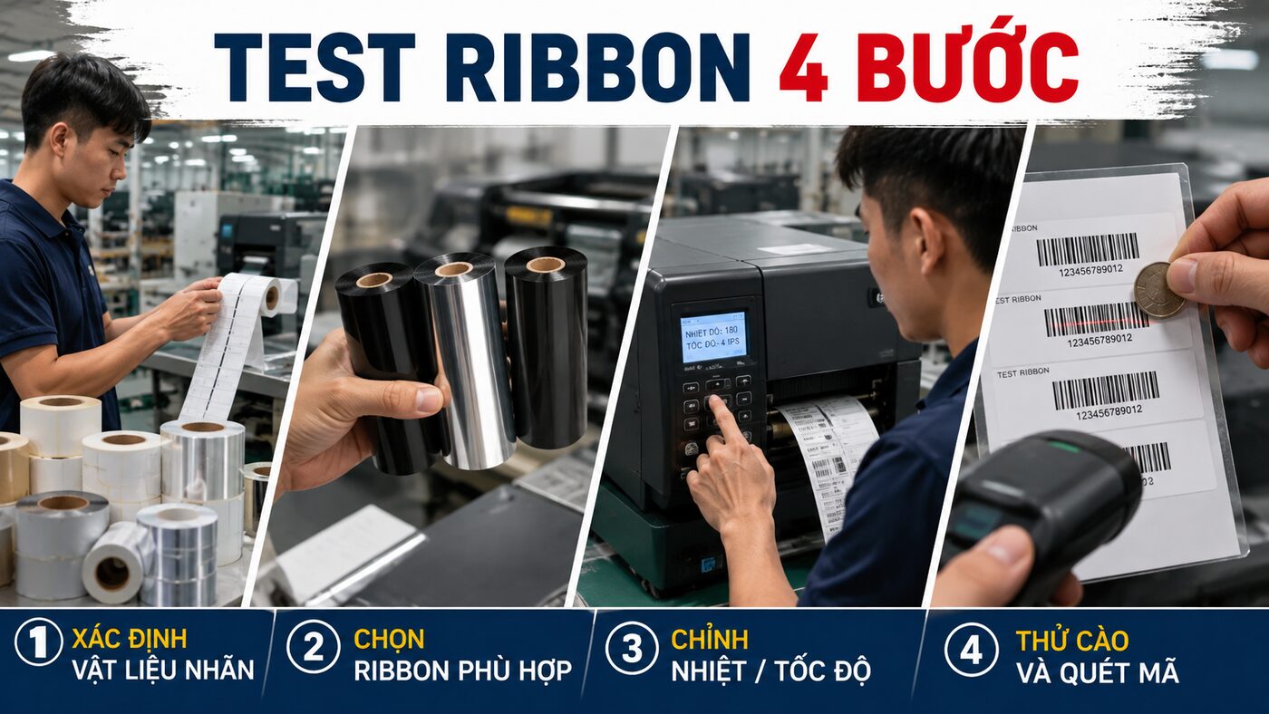 Ribbon wax resin cho tem nhãn: Cách chọn wax, wax-resin và resin 3 Quy trình test ribbon truyền nhiệt bốn bước