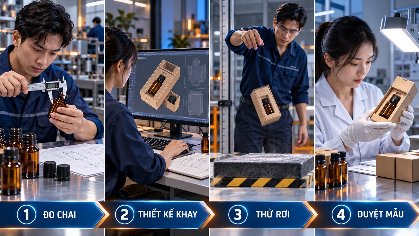 Minh họa bốn bước đo chai thiết kế khay thử rơi và duyệt hộp tinh dầu