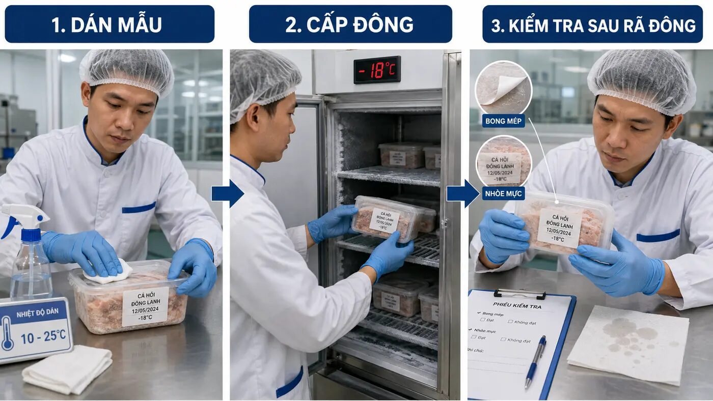 Ba bước dán mẫu cấp đông và kiểm tra tem sau rã đông