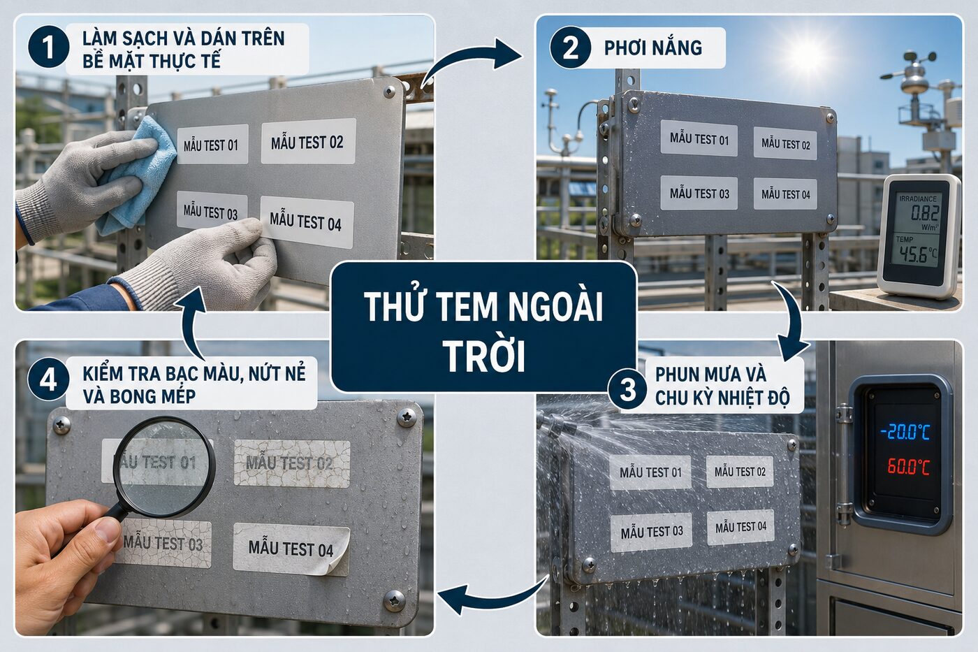 Tem nhãn ngoài trời: Cách tăng độ bền trước nắng mưa 3 Bốn bước thử tem ngoài trời bằng nắng mưa và chu kỳ nhiệt