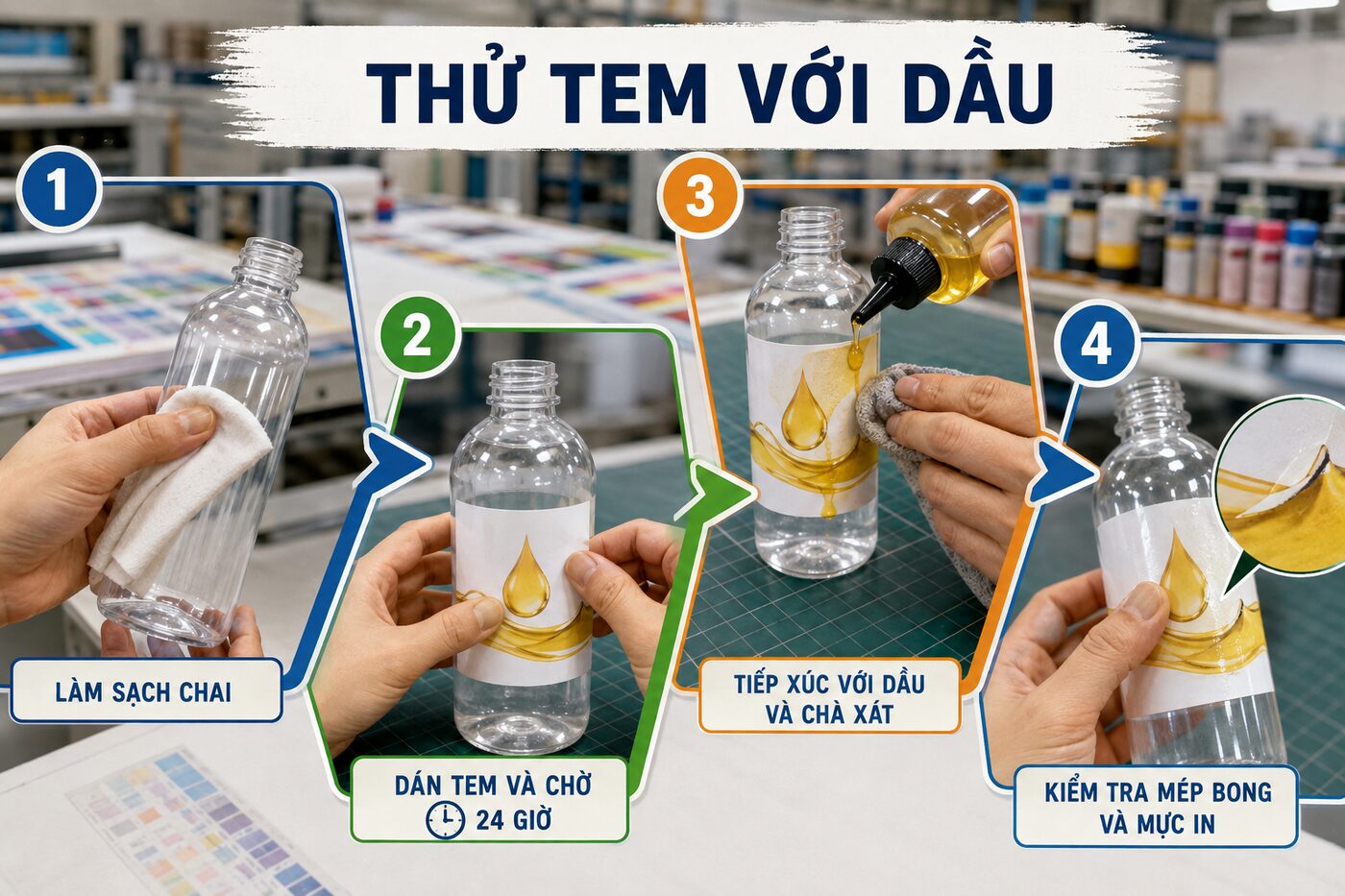 Bốn bước thử tem nhãn với dầu và ma sát trên chai thực tế