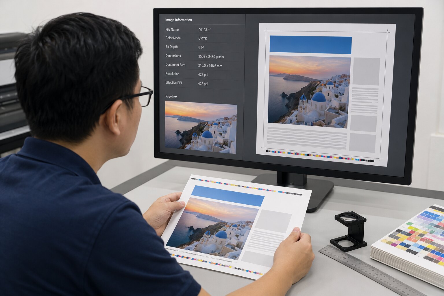 Độ phân giải ảnh theo kích thước in: Công thức tính đúng 1 Kỹ thuật viên kiểm tra kích thước pixel và effective PPI của ảnh trong file in