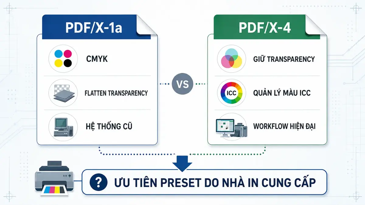 Bảng quyết định chọn PDF X-1a hay PDF X-4 theo workflow nhà in