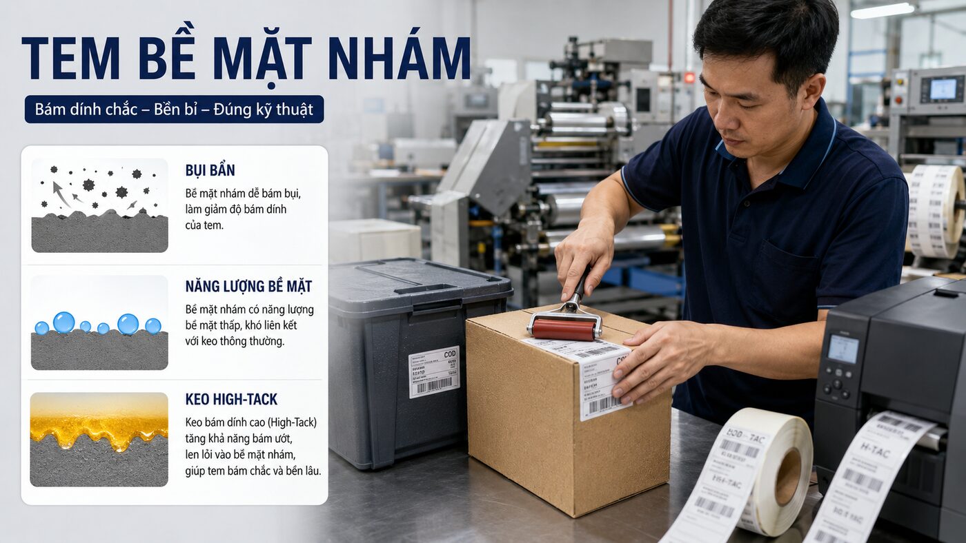 Kỹ thuật viên dán tem bề mặt nhám bằng keo high tack