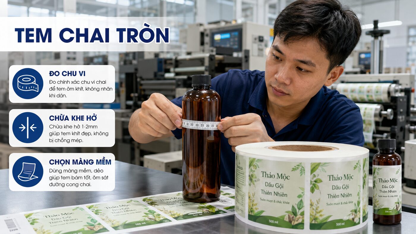 Kỹ thuật viên đo chu vi để làm tem dán chai tròn không nhăn