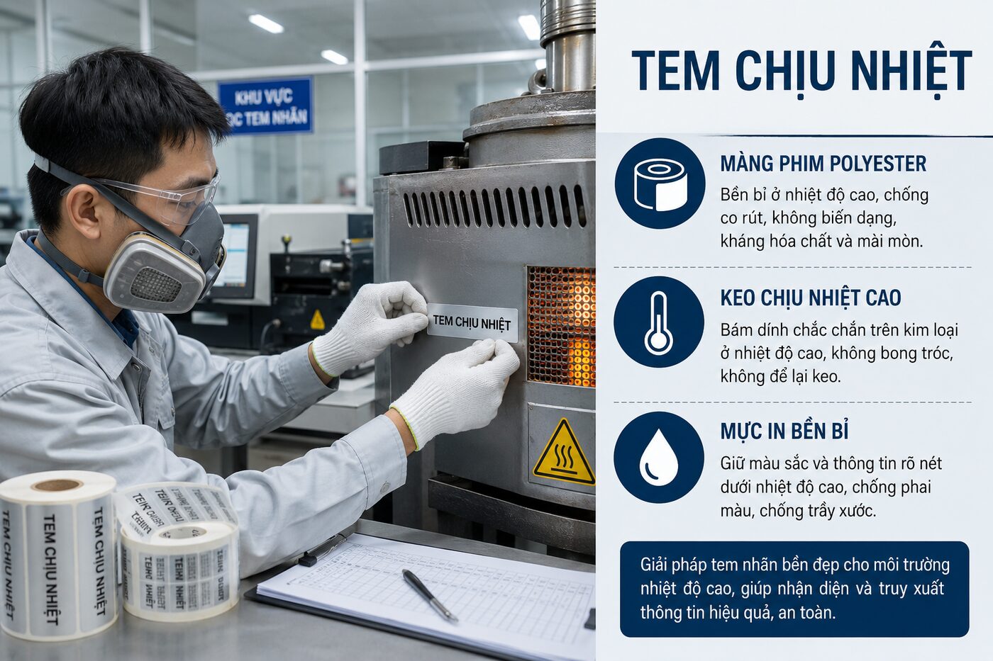 Kỹ thuật viên dán tem nhãn chịu nhiệt lên thiết bị kim loại