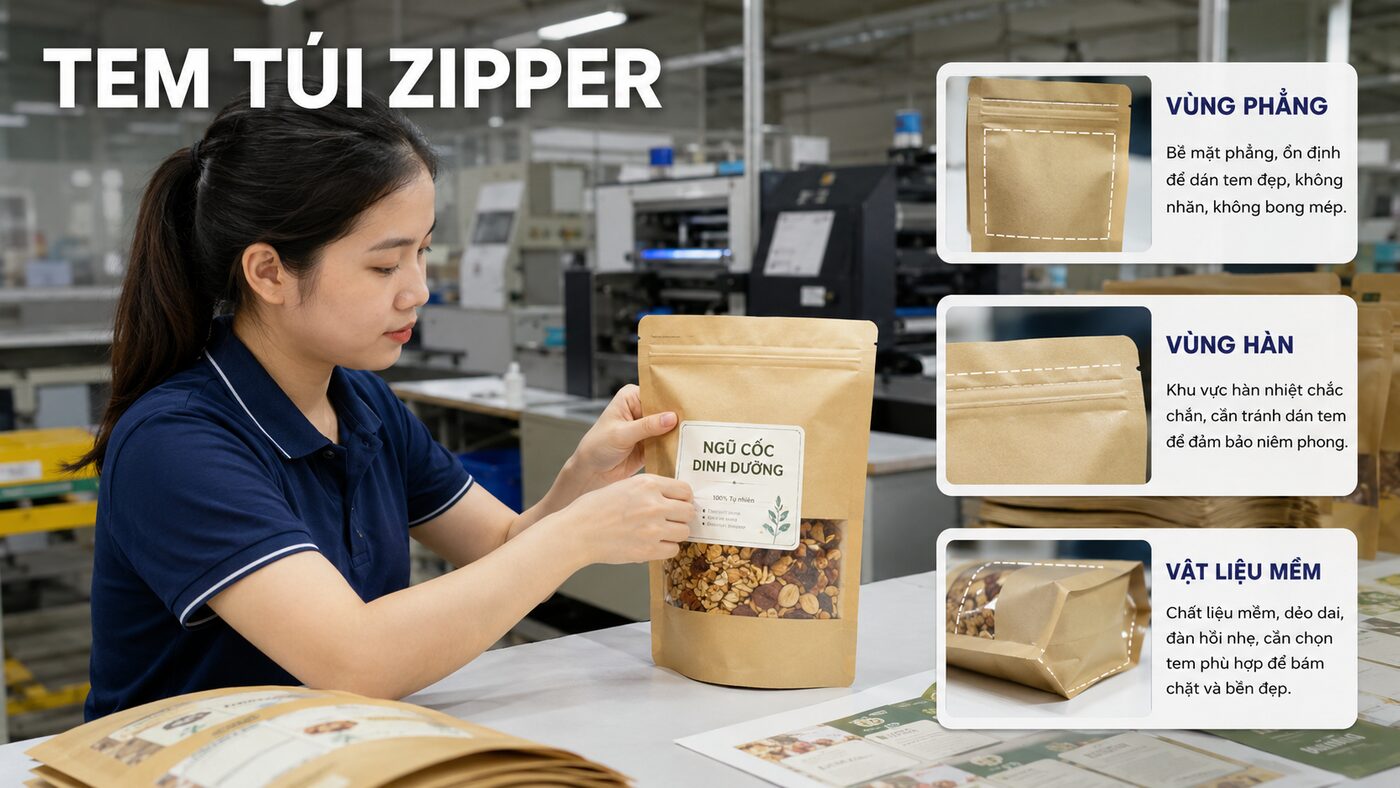 Kỹ thuật viên dán tem nhãn cho túi zipper thực phẩm khô