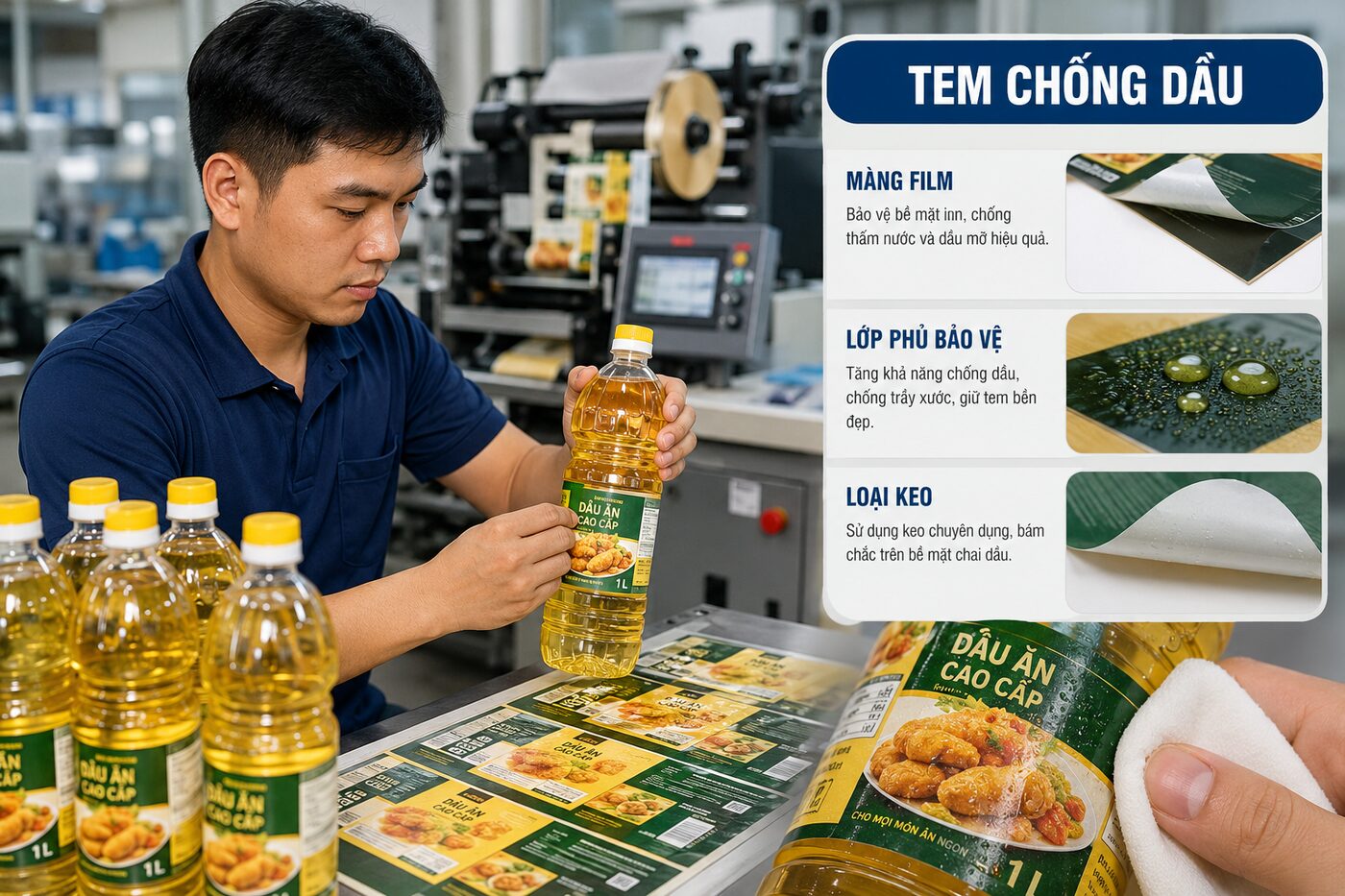 Kỹ thuật viên kiểm tra tem nhãn chống dầu trên chai dầu ăn trong xưởng in