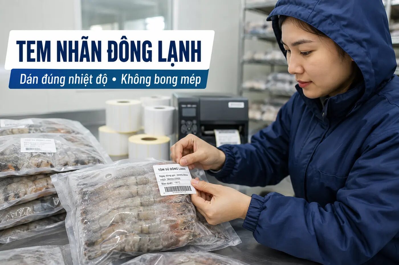 Kỹ thuật viên dán tem nhãn đông lạnh lên túi hải sản trong khu đóng gói