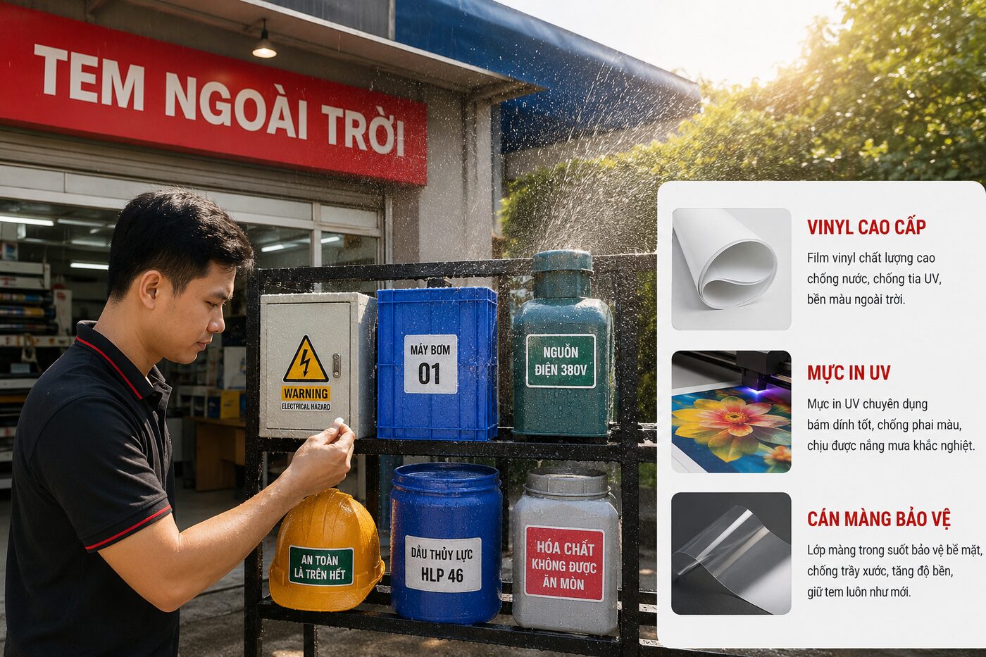 Tem nhãn ngoài trời: Cách tăng độ bền trước nắng mưa 1 Kỹ thuật viên kiểm tra tem nhãn ngoài trời chống UV dưới nắng và mưa