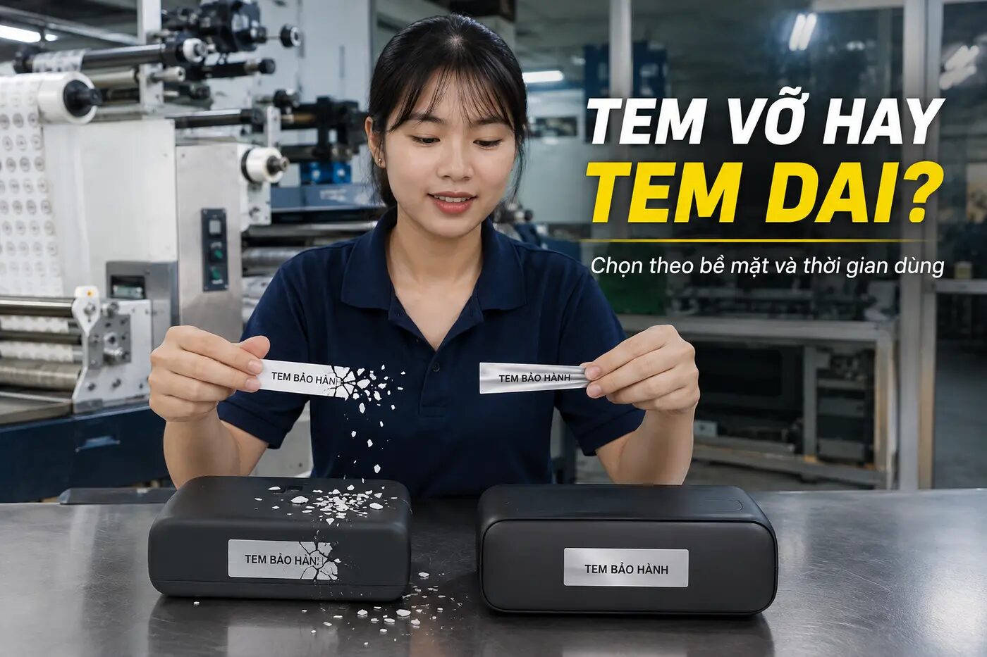 Kỹ thuật viên so sánh tem vỡ và tem dai trên thiết bị trong xưởng in