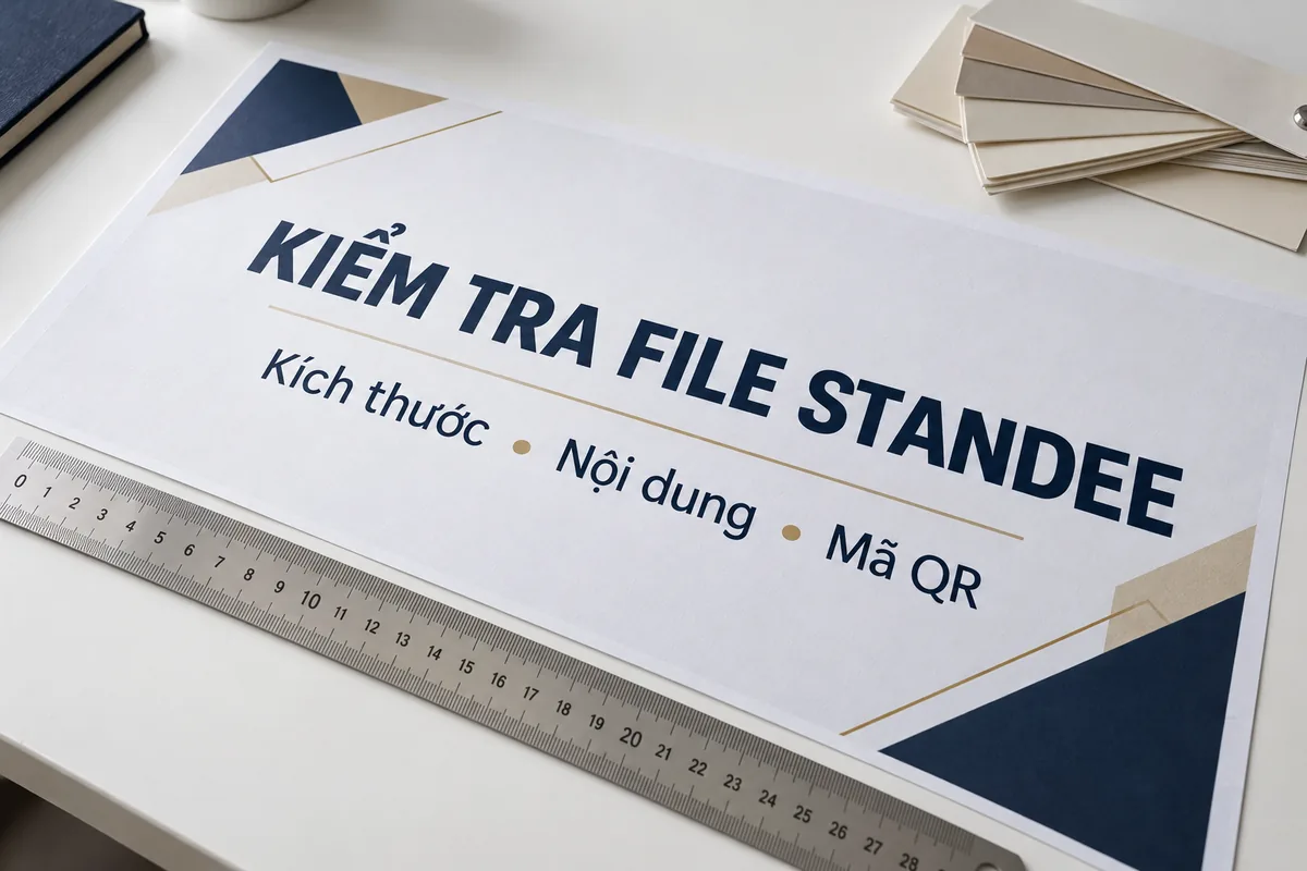 Bản duyệt standee cạnh thước đo để kiểm tra kích thước và nội dung