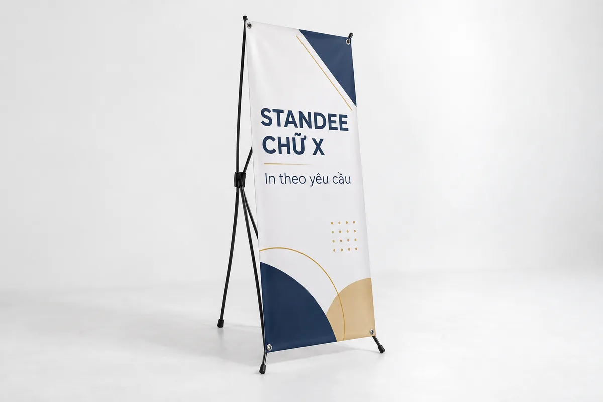 Mẫu standee chữ X nền trắng với khung và khoen lắp bản in