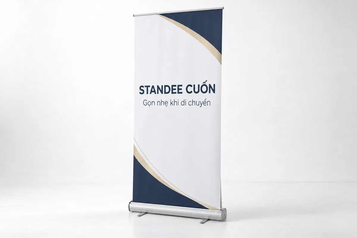 Mẫu standee cuốn với hộp chân nhôm và thanh nẹp phía trên