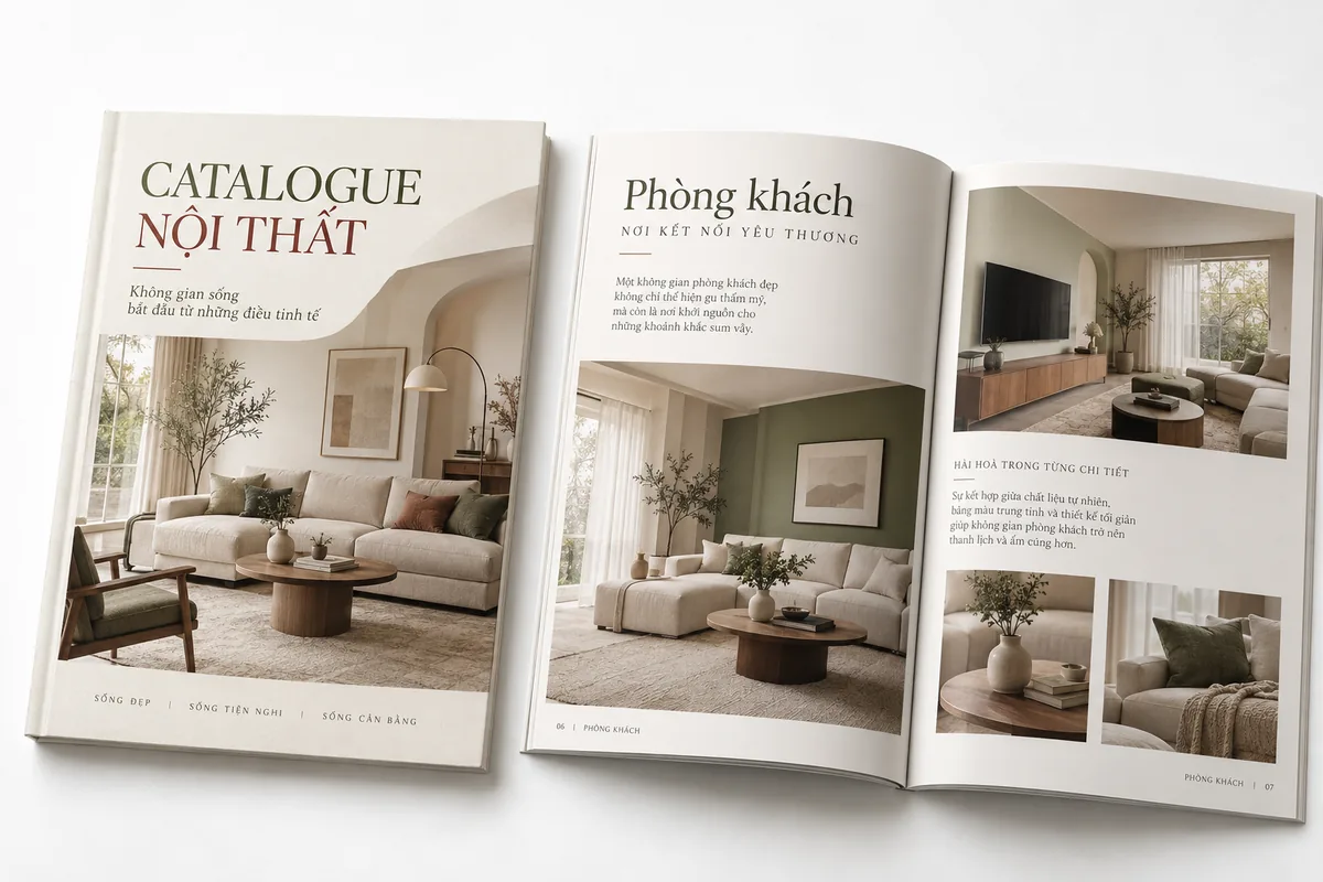 Catalogue nội thất minh họa thiết kế bìa trên trang giấy