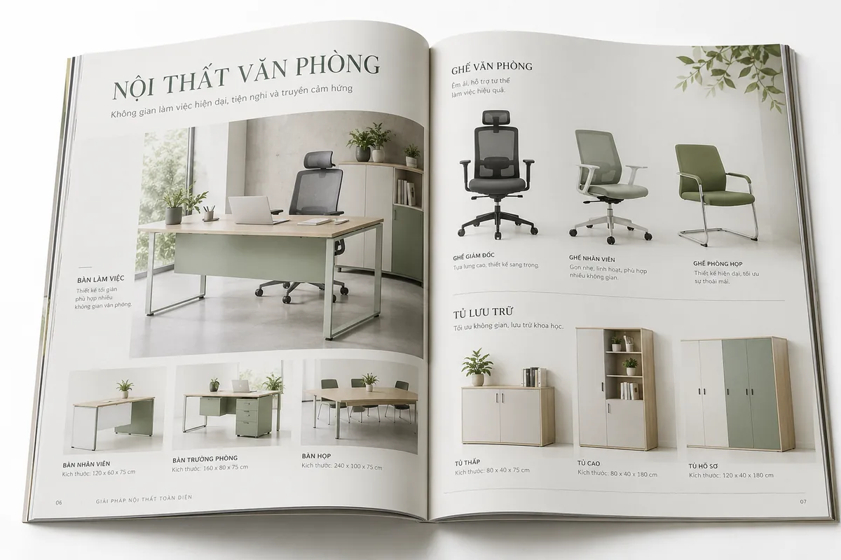 Catalogue nội thất minh họa thiết kế văn phòng trên trang giấy