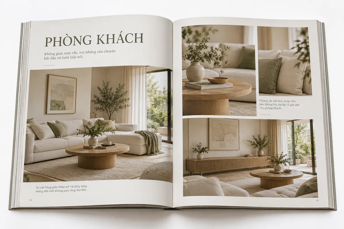 Catalogue nội thất minh họa thiết kế phòng khách trên trang giấy