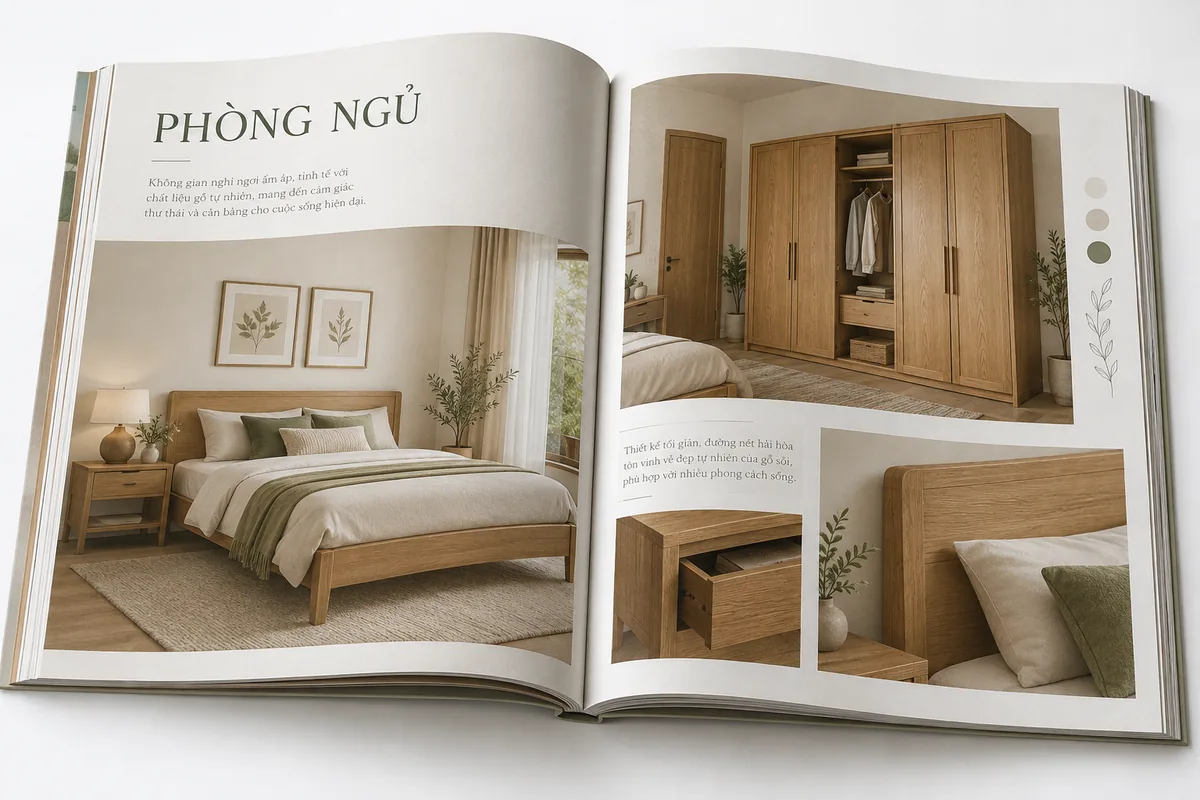 Catalogue nội thất minh họa thiết kế phòng ngủ trên trang giấy
