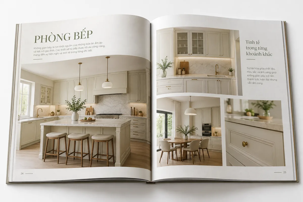 Catalogue nội thất minh họa thiết kế phòng bếp trên trang giấy