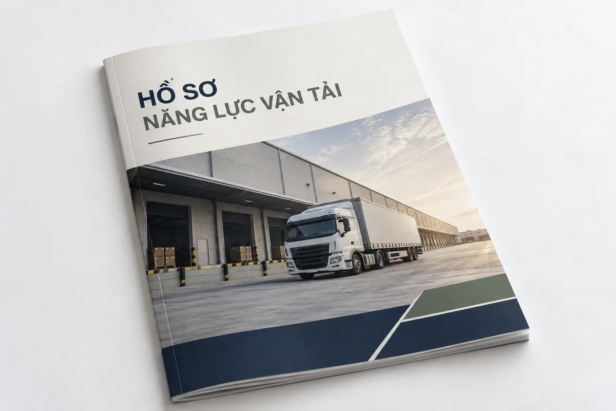 Hồ Sơ Năng Lực Công Ty Vận Tải: 10 Nội Dung Cần Có 2 Bìa hồ sơ năng lực vận tải minh họa với xe tải và kho hàng
