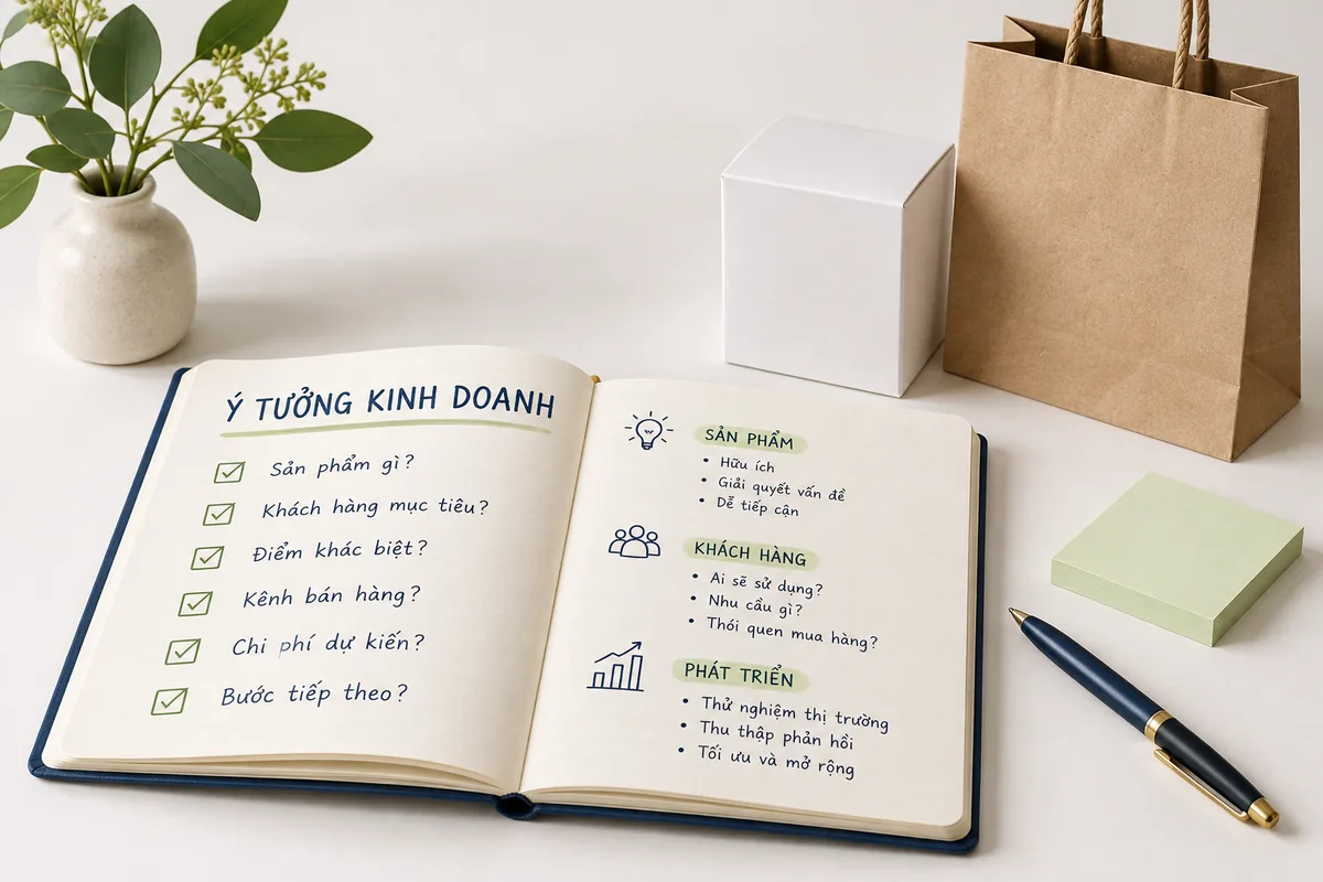 Sổ ghi ý tưởng kinh doanh cạnh hộp và túi giấy