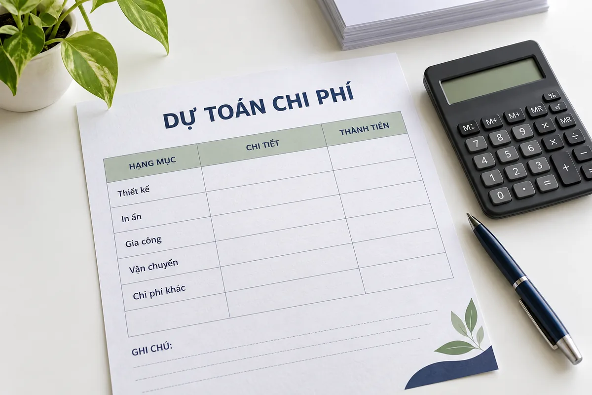 Bảng dự toán chi phí cạnh máy tính và bút