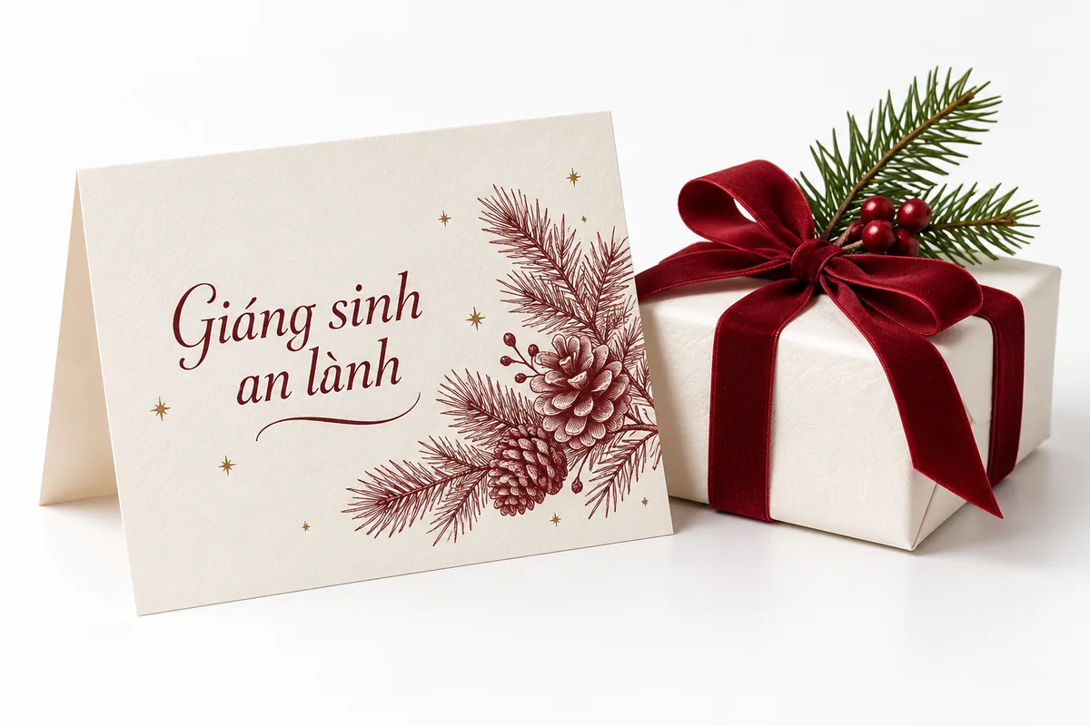 Thiệp Giáng sinh an lành cạnh hộp quà trắng và nhành thông
