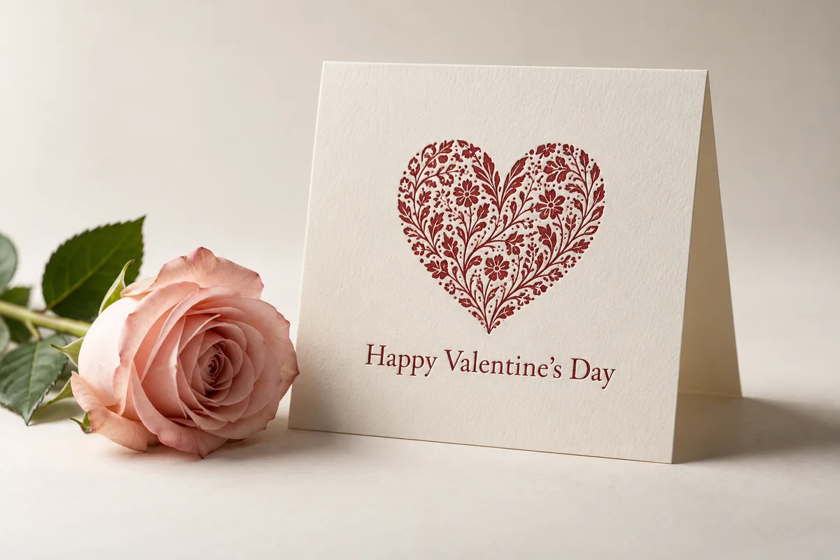 Thiệp Valentine giấy trắng kem in trái tim và lời chúc Happy Valentine’s Day