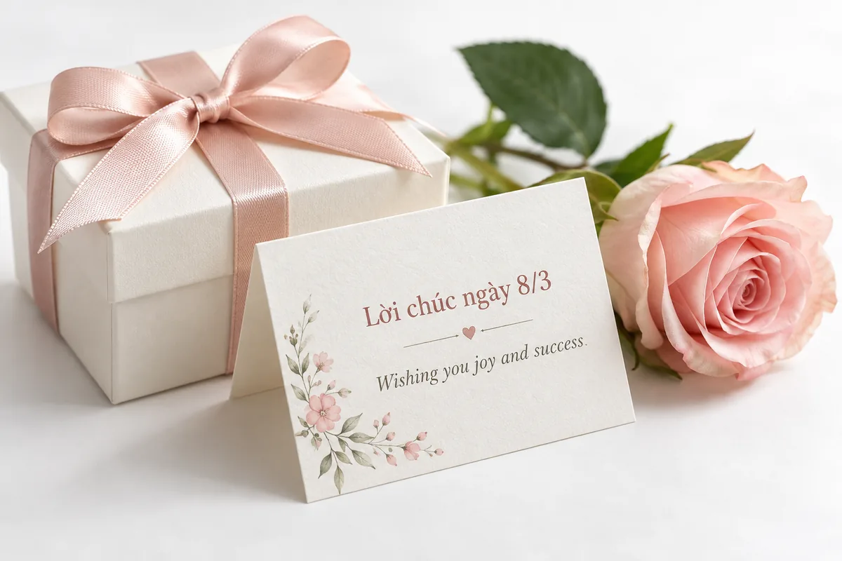 21 lời chúc tiếng anh cực hay cho ngày 8/3 3 Thiệp chúc niềm vui và thành công bên hộp quà ngày 8/3