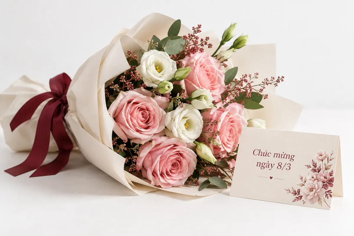 Món quà ngày 8/3 thật ý nghĩa gửi đến người thân 1 Bó hoa hồng và hoa trắng kèm thiệp chúc mừng ngày 8/3