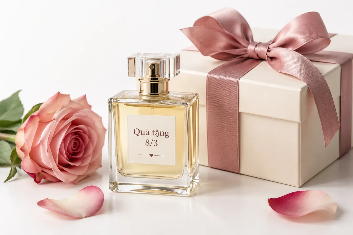Món quà ngày 8/3 thật ý nghĩa gửi đến người thân 2 Lọ nước hoa không thương hiệu cạnh hộp quà trắng và hoa hồng