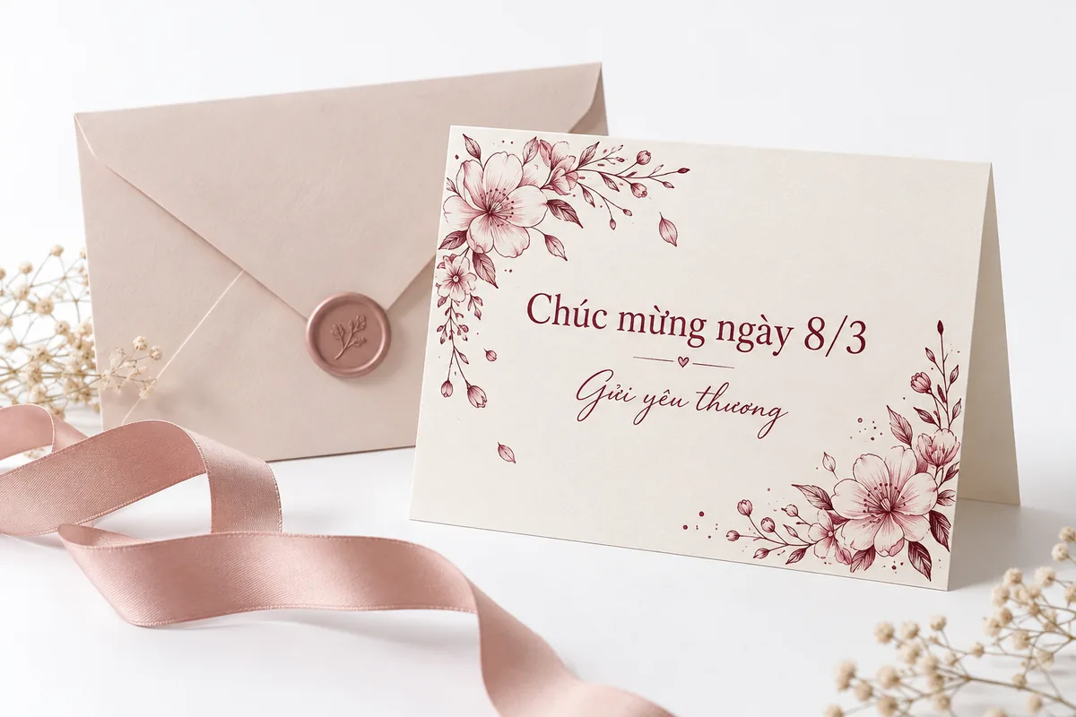 Món quà ngày 8/3 thật ý nghĩa gửi đến người thân 4 Thiệp giấy trắng kem in lời chúc ngày 8/3 cạnh phong bì